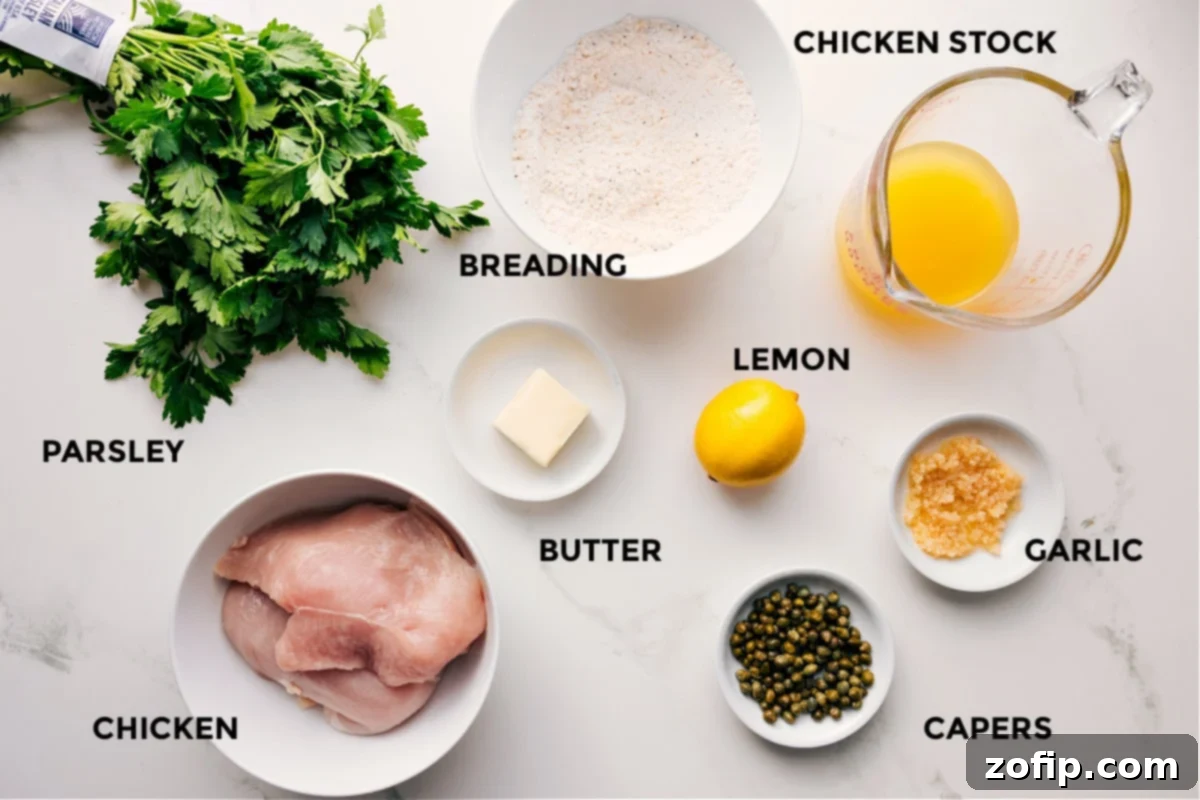 Essential Ingredients for the Best Chicken Piccata Fresh ingredients laid out for homemade Chicken Piccata: fresh parsley, raw chicken breasts, breading mixture, butter, vibrant lemons, briny capers, minced garlic, and chicken stock.