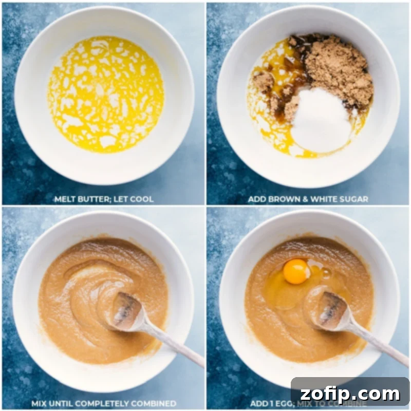 Process shots of melted butter and sugars being mixed, followed by an egg being added and incorporated into the cookie dough mixture.