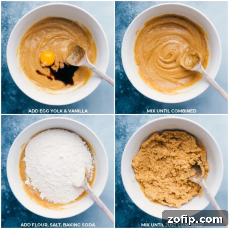Process shots showing eggs and vanilla extract being whisked into the butter and sugar mixture, followed by flour, salt, and baking soda being added and gently mixed to form the cookie dough.