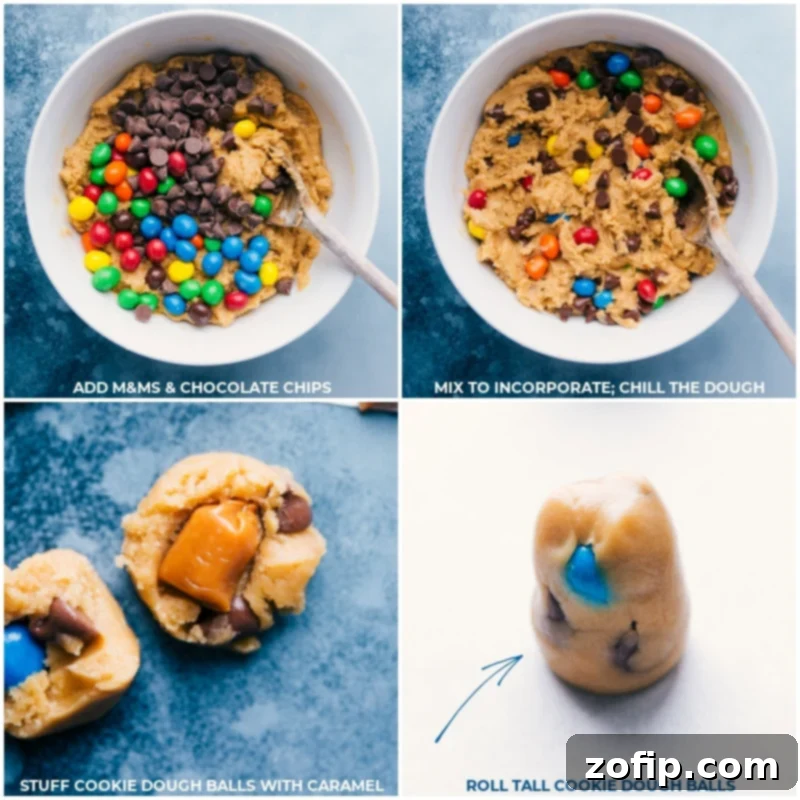 Process shots showing M&M's and chocolate chips being folded into the cookie dough, followed by a caramel piece being placed in the center of a dough ball.