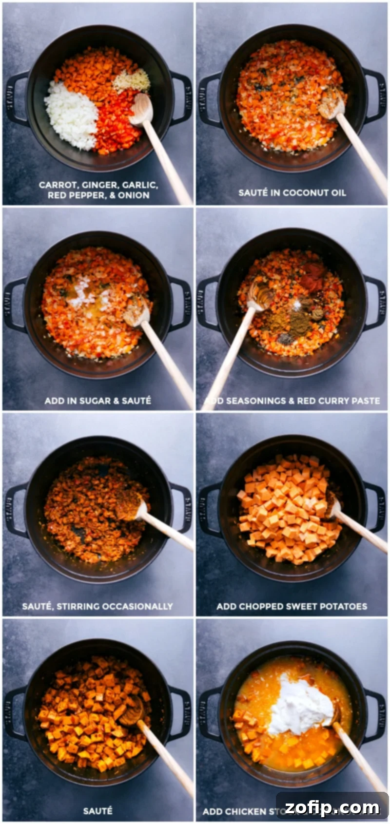 Step-by-step visuals: Browning aromatic vegetables in coconut oil, adding fragrant seasonings and curry paste, incorporating sweet potatoes, then simmering in a blend of chicken stock and coconut milk.