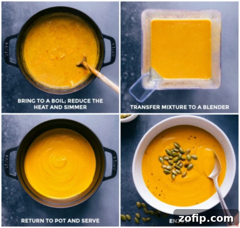 The cooking process of sweet potato soup: simmering until tender, blending to a smooth consistency, returning to the pot for final seasoning, and serving warm with garnishes.
