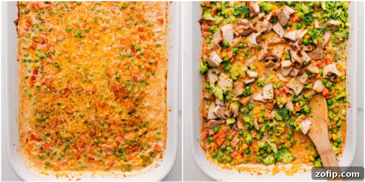 The process of making Chicken Orzo Bake: first, ingredients are mixed and baked, then cooked chicken, finely diced broccoli, and extra cheese are stirred in for the final touch.