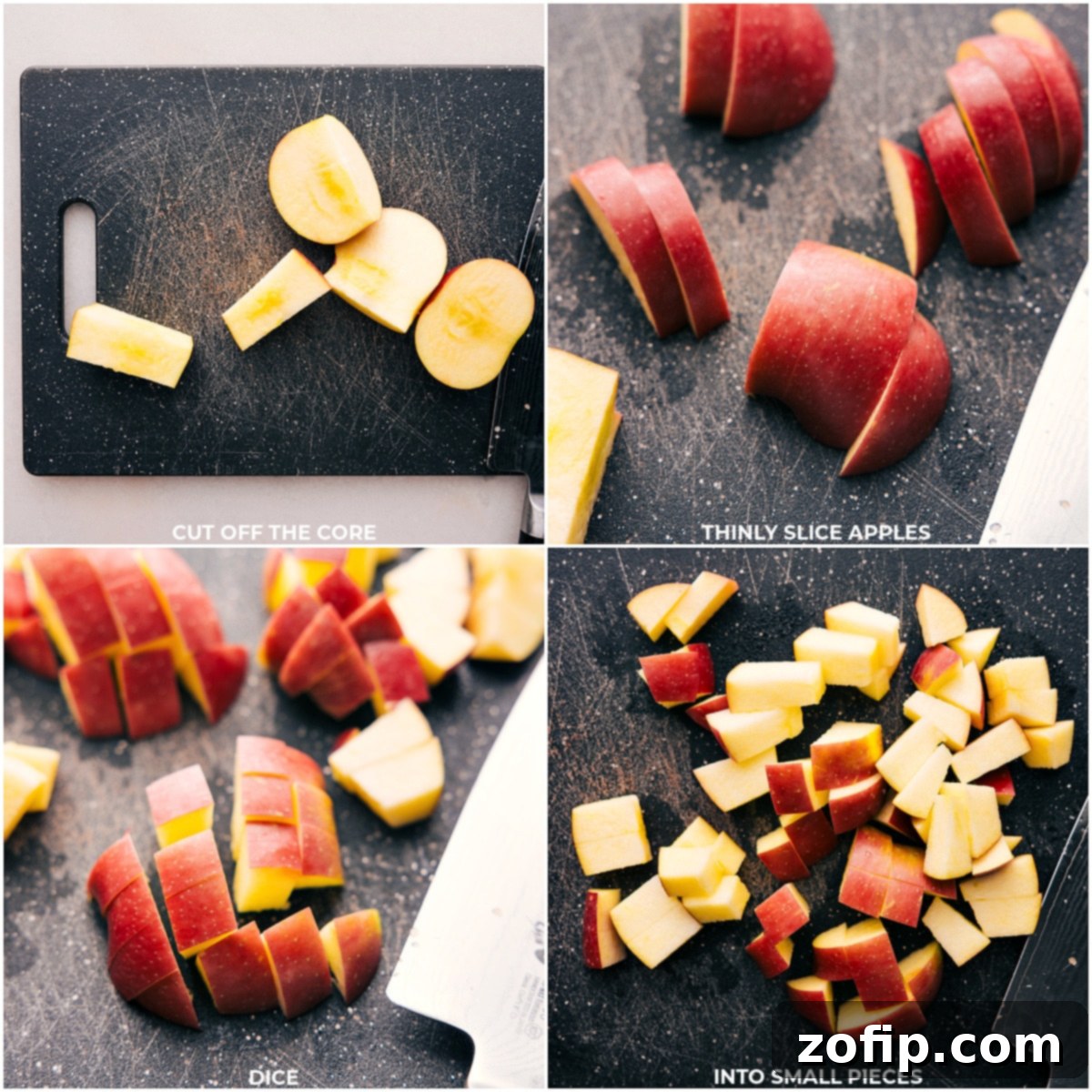 Close-up shot of fresh, unpeeled apples being diced on a cutting board, ready for the crockpot apple butter recipe.