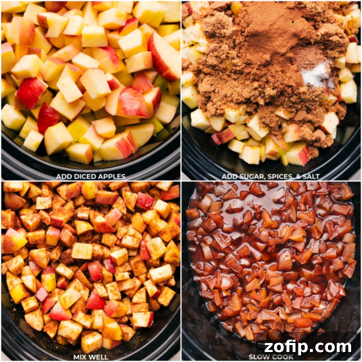 Ingredients including fresh apples, a mix of warming spices, vanilla, and sugar, being carefully added to a slow cooker for simmering, beginning the process of making apple butter.