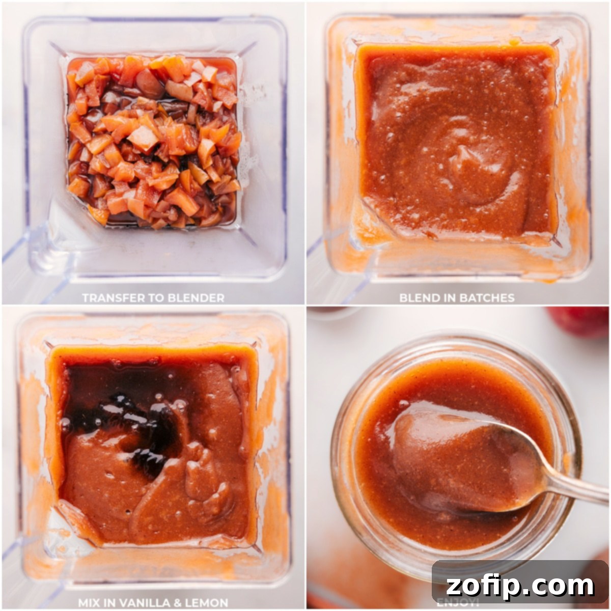 Two dynamic images: one showing the blending of cooked apple mixture until smooth, and the other displaying the final creamy crockpot apple butter ready for enjoyment in a jar.