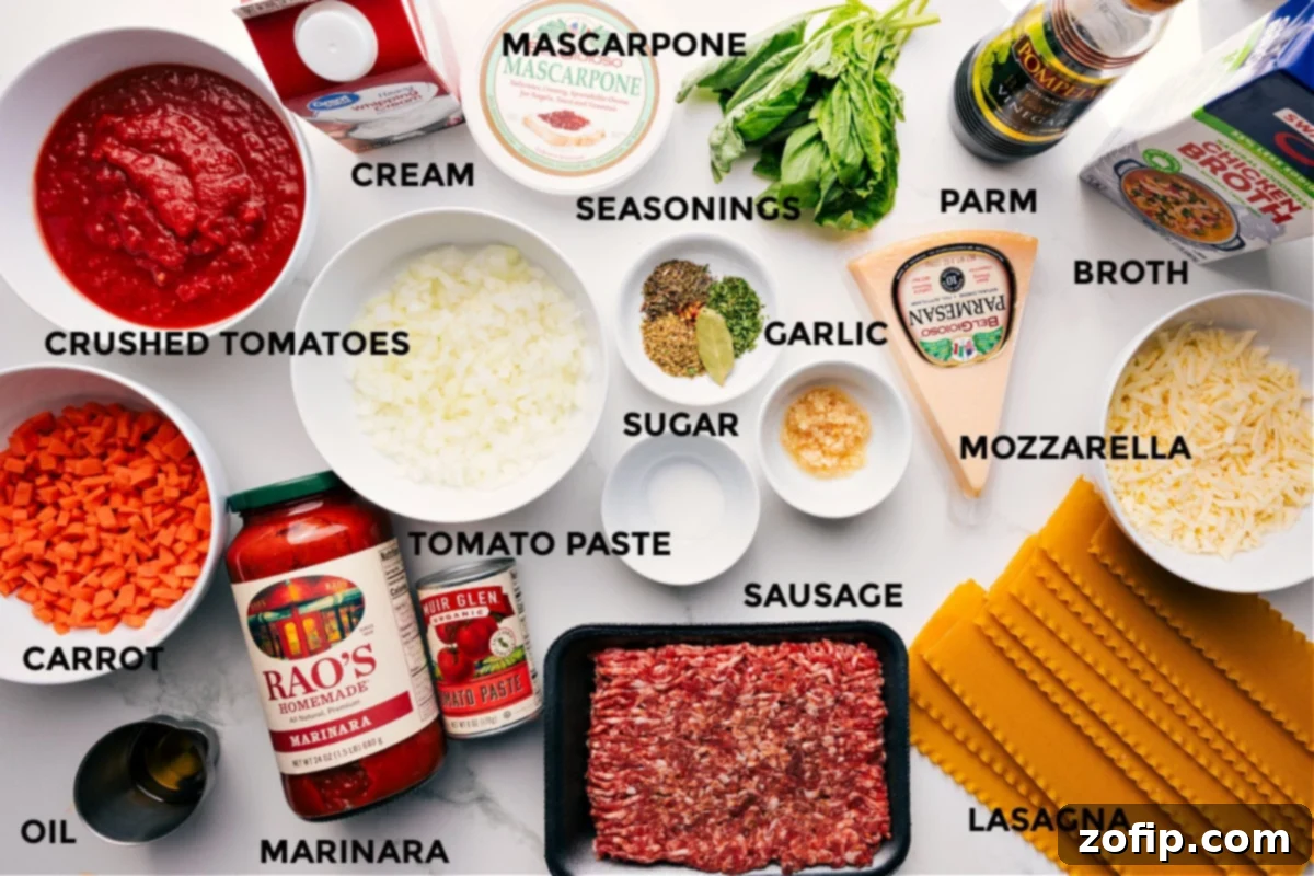 All the ingredients for this Crockpot Lasagna Soup recipe prepped and ready, including vibrant tomatoes, fresh vegetables, marinara, tomato paste, savory sausage, aromatic seasonings, creamy mascarpone, heavy cream, Parmesan, mozzarella, broken lasagna noodles, rich broth, and fresh herbs.