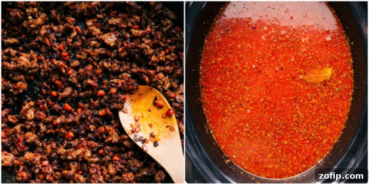 Browned sausage and sautéed vegetables are added to the slow cooker along with marinara sauce, crushed tomatoes, broth, and seasonings, ready to cook for Crockpot Lasagna Soup.
