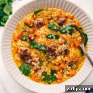 Grandma's Italian Wedding Soup 3 A bowl of Italian Wedding Soup with meatballs, pasta, and spinach.