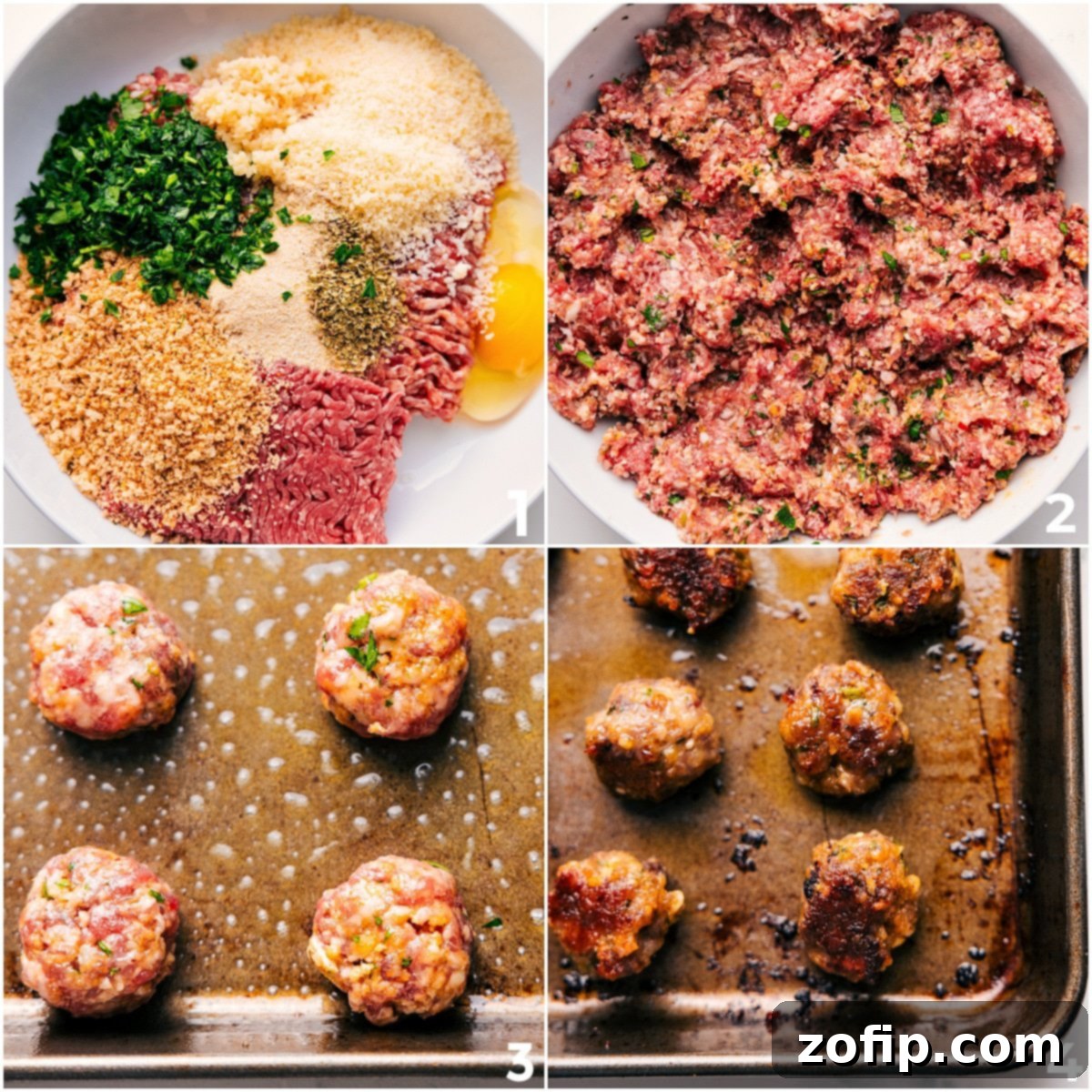 How To Make The Meatballs For This Italian Wedding Soup Recipe Meatball mixture in a bowl, with small, perfectly rolled meatballs ready for baking on a sheet pan, demonstrating how to make the meatballs for Italian Wedding Soup.