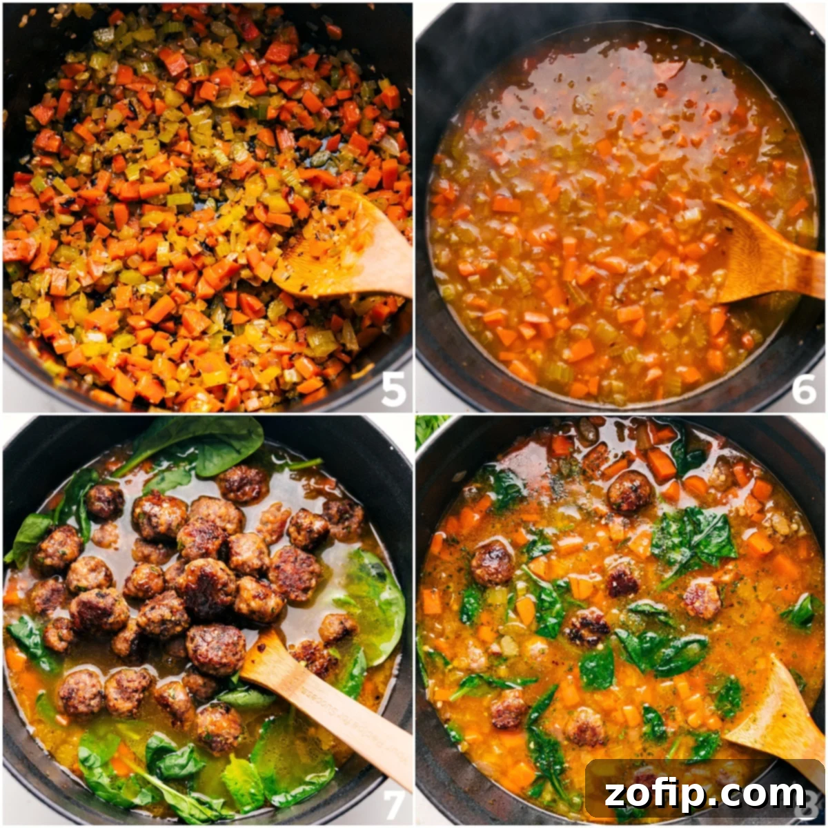 Flavor Packed Italian Wedding Soup Recipe A large pot on the stovetop, showing the progression of making Italian Wedding Soup: first, vegetables sautéing, then broth simmering, and finally, cooked meatballs and wilted spinach added, creating a flavorful and complete dish.