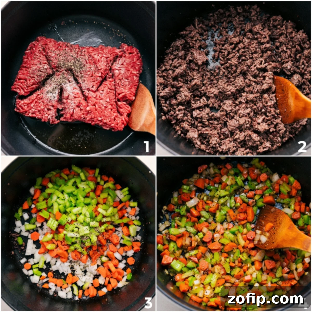 Step-by-step imagery showing lean ground beef browning and seasoning in a large pot, followed by finely diced mirepoix vegetables (onion, carrot, celery) sautéing until tender to build a deeply flavorful base for the Cheeseburger Macaroni Soup.