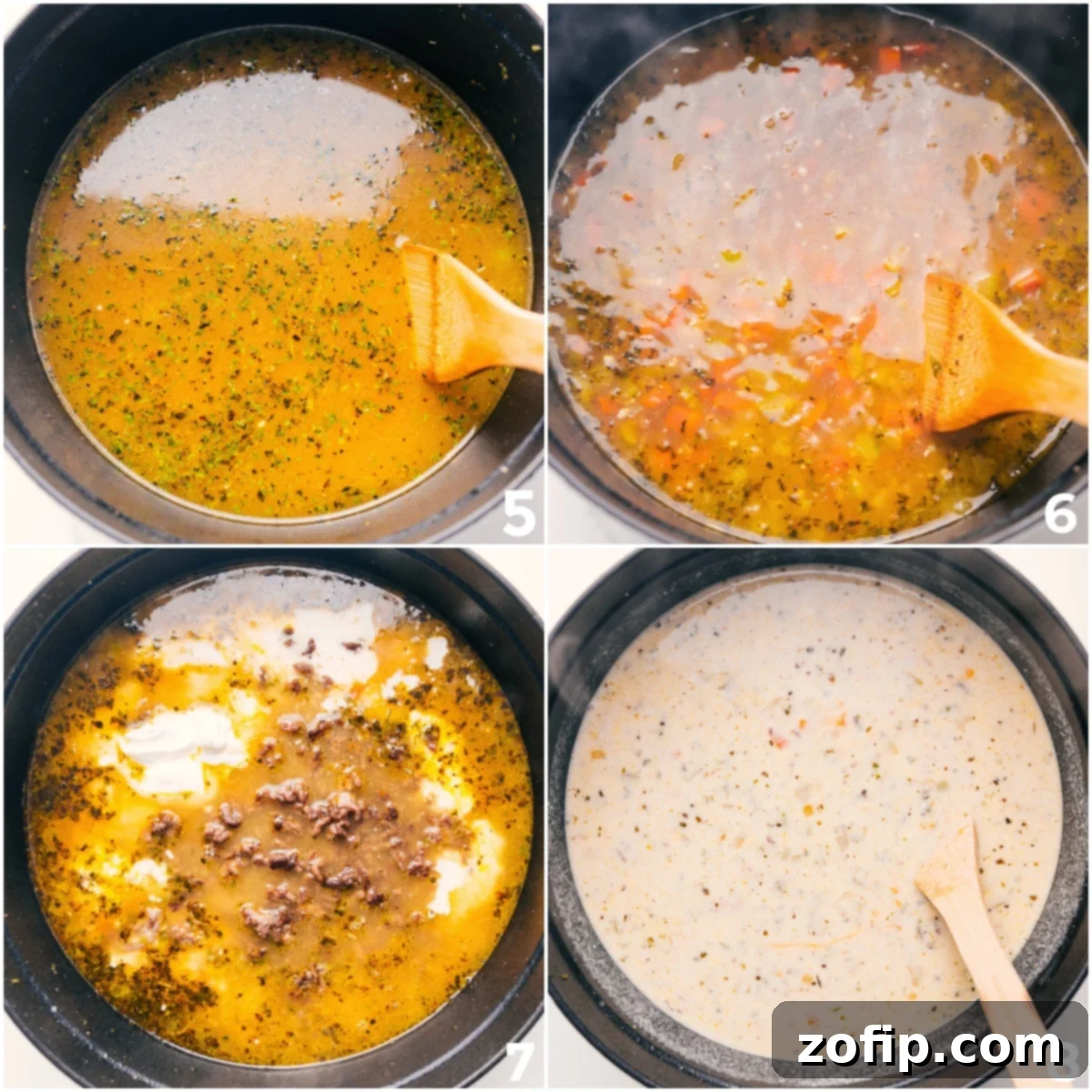 A large pot of rich Cheeseburger Macaroni Soup, showcasing the harmonious blend of golden broth, tender elbow pasta, creamy cheese sauce, and savory ground beef, ready for a comforting meal on a cool evening.