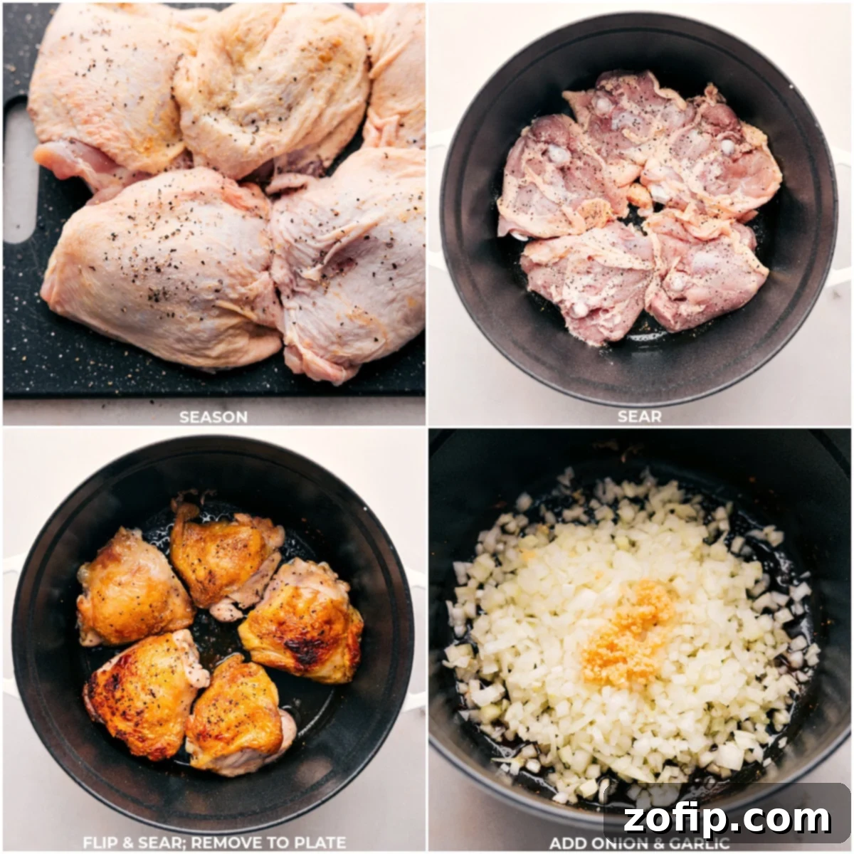 Preparing Our Favorite Chicken Noodle Soup Step-by-step images showing chicken thighs being seared in a Dutch oven, followed by onions and garlic being sautéed in the same pot.