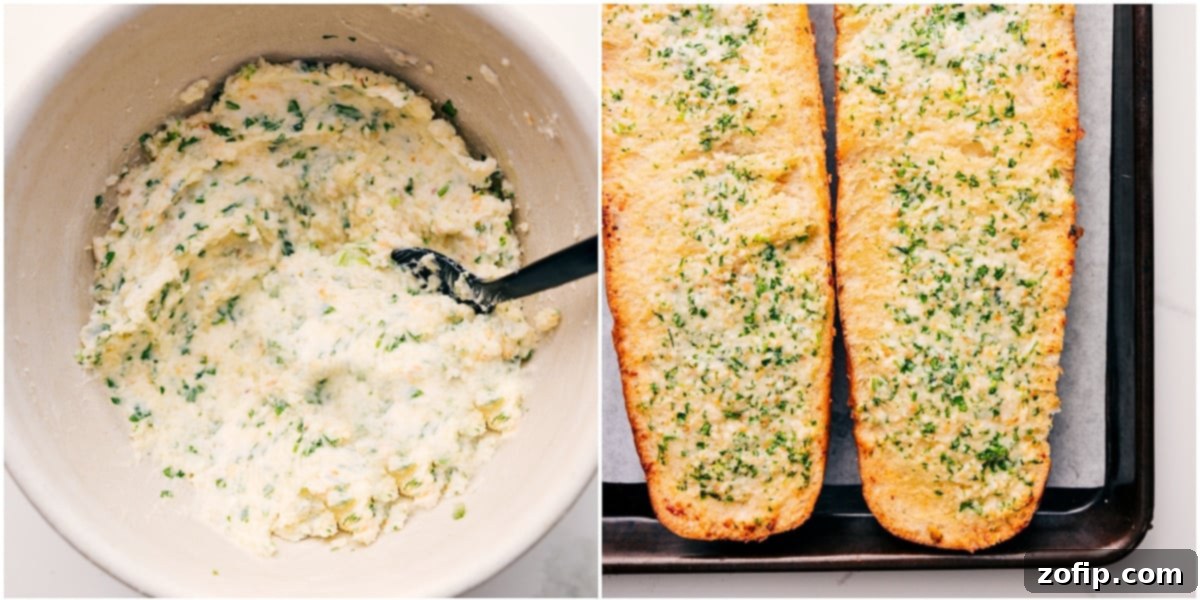 All the ingredients for this Garlic Bread Recipe mixed in a bowl, ready to be spread over French bread before baking.