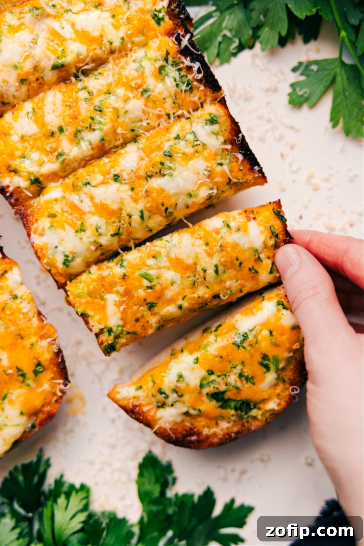 The Best Cheesy Bread Recipe Perfect For Dipping In Soup Thick slices of golden-brown cheesy bread, freshly baked and ready to serve, arranged on a rustic wooden board, perfect for sharing.
