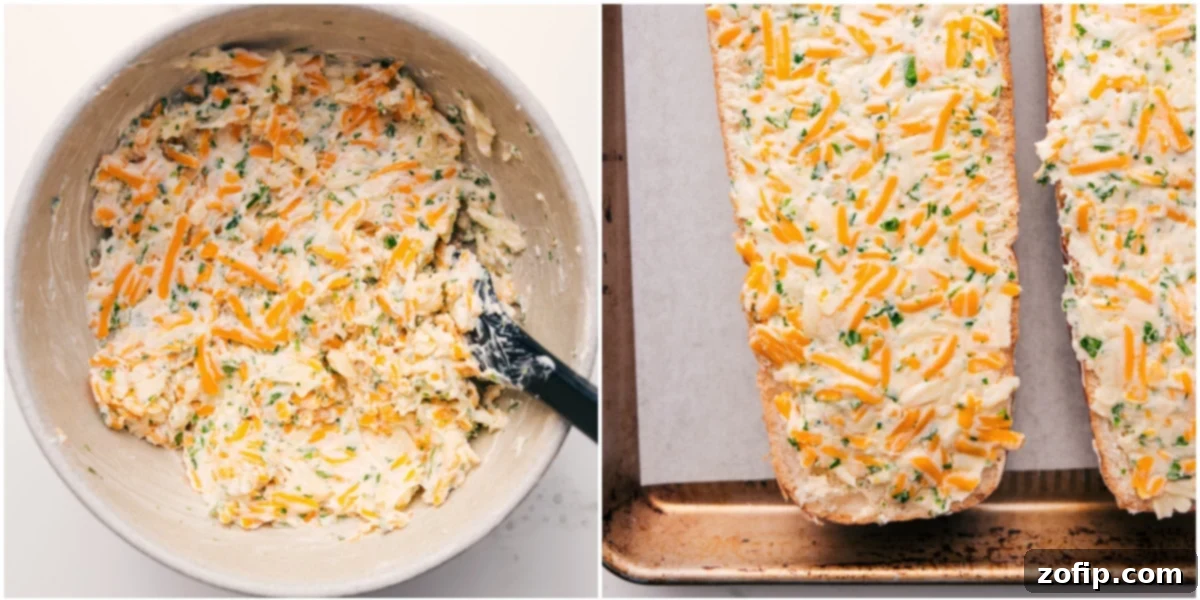 How To Make Cheesy Bread Recipe Combining the creamy cheese mixture in a bowl and spreading it evenly over sliced French bread, preparing it for broiling to make this delicious Cheesy Bread Recipe.