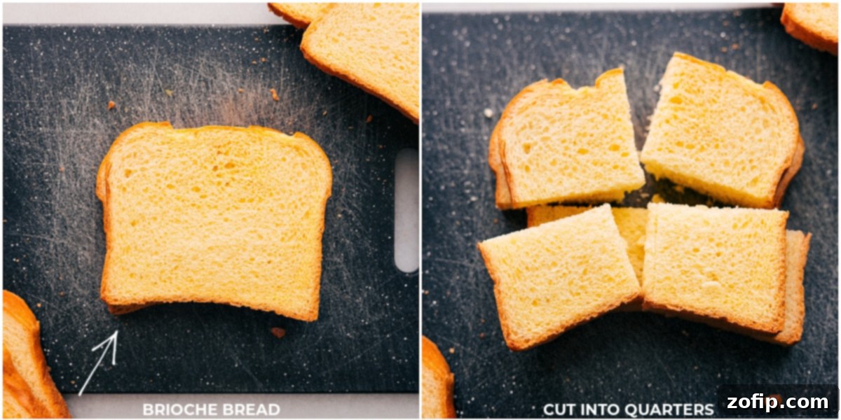 Slices of fluffy brioche bread, meticulously cut into uniform quarters, are arranged neatly on a wooden cutting board, perfectly prepared for the next stage of crafting the homemade bread pudding dessert.