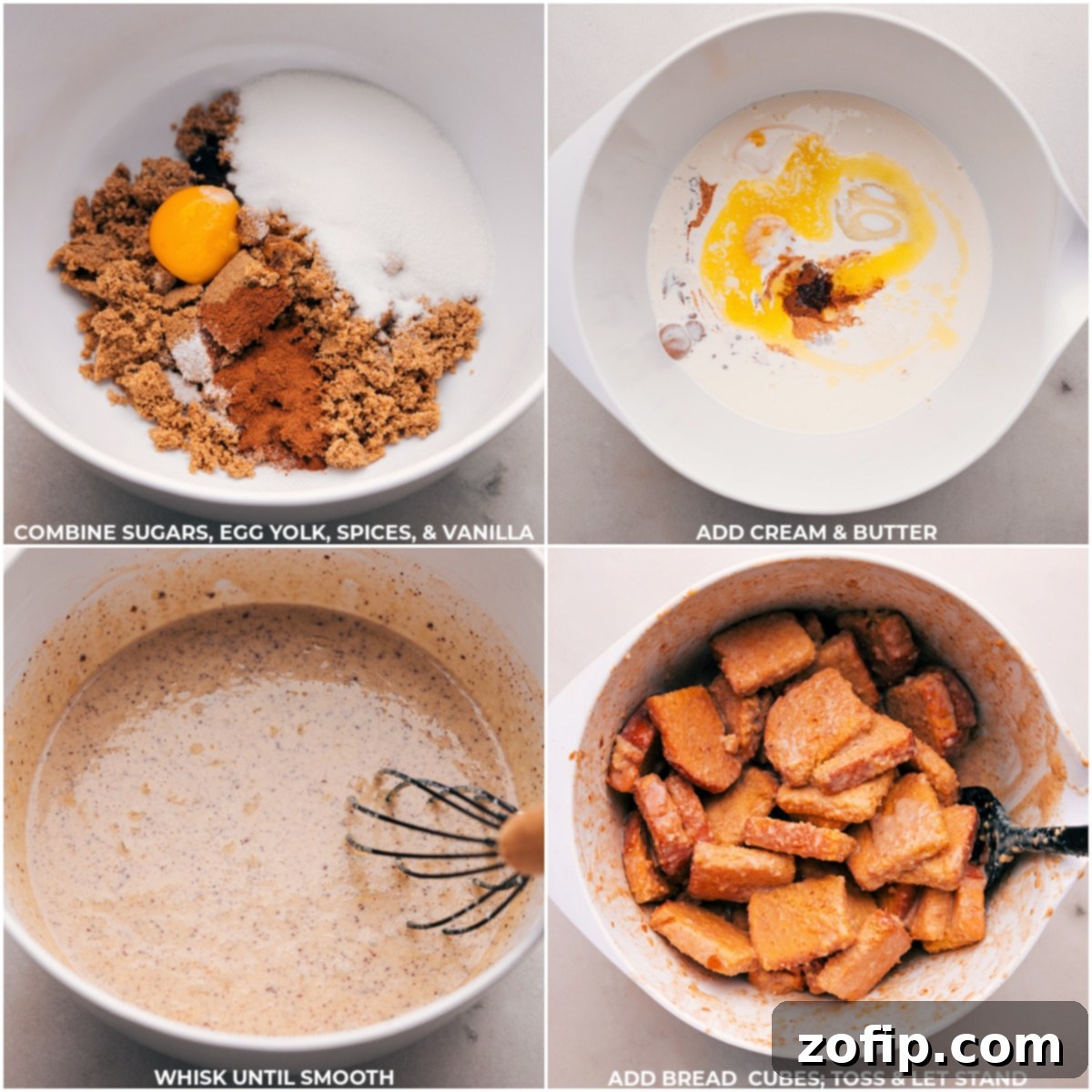 A close-up view showing the detailed process of combining wet and dry ingredients by whisking them until smooth in a large bowl, followed by the addition of brioche bread cubes. The bread is then gently tossed until each piece is thoroughly coated in the rich, creamy custard mixture, preparing it for baking into a delightful bread pudding.