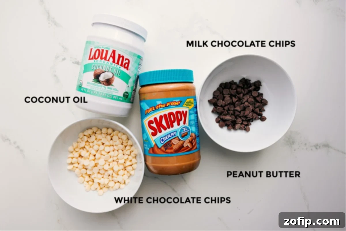 All essential ingredients for Peanut Butter Meltaways, including white chocolate chips, milk chocolate chips, creamy peanut butter, and coconut oil, neatly arranged on a counter.