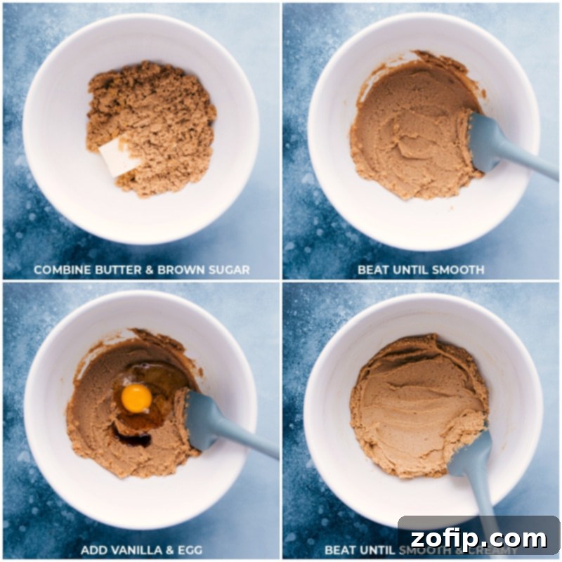 Process shots showing butter, dark brown sugar, vanilla extract, and an egg being creamed together in a stand mixer bowl, illustrating the initial wet ingredient mixture for Cowboy Cookies.