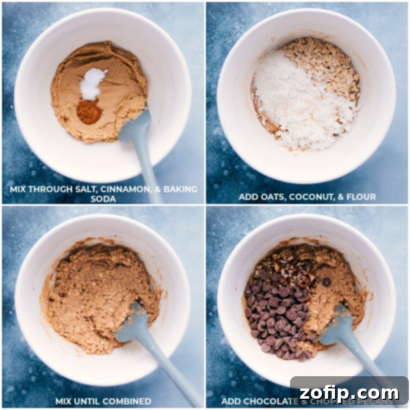 Process shots of various dry ingredients like salt, cinnamon, baking soda, oats, coconut, flour, chocolate chips, and pecans being combined and mixed into the wet dough for Cowboy Cookies.