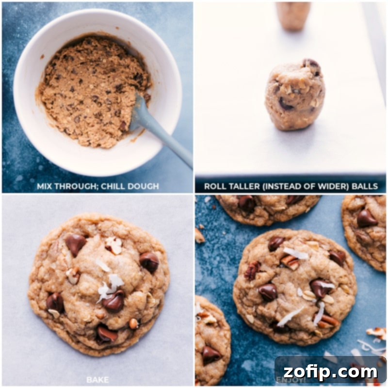 Process shots showing chilled cookie dough being rolled into balls, arranged on baking sheets with silicone mats, and then baking to a golden finish in the oven.