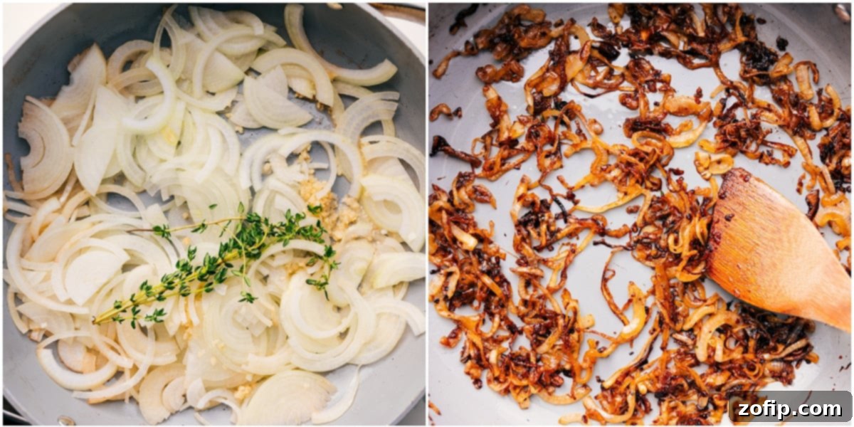 A skillet filled with thinly sliced onions, cooked low and slow until deeply caramelized to a rich brown color, essential for French onion mac and cheese.