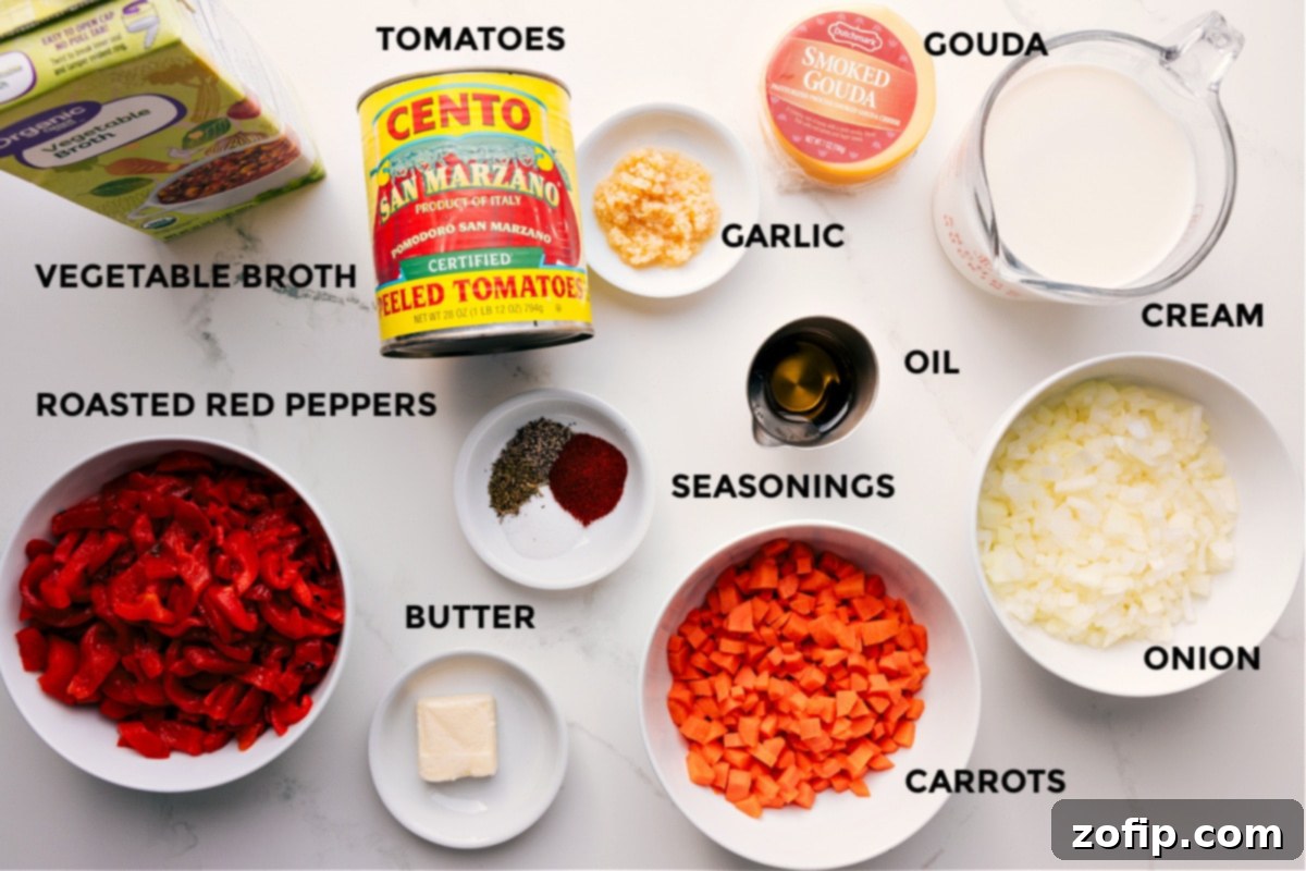 All the vibrant ingredients for Roasted Red Pepper Gouda Soup, meticulously prepped and laid out: rich broth, bright red peppers, ripe tomatoes, fragrant seasonings, creamy butter, olive oil, minced garlic, savory Gouda cheese, heavy cream, sweet onion, and fresh carrots.