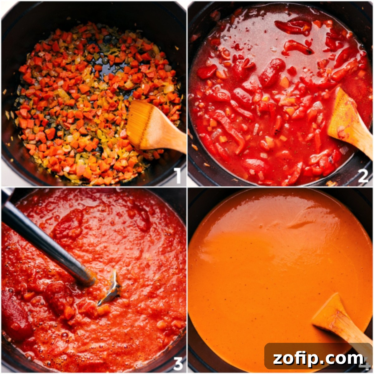 A large pot filled with sautéed vegetables, juicy tomatoes, rich broth, and vibrant roasted red peppers, simmering together to create the delicious base for a creamy Roasted Red Pepper Gouda Soup.