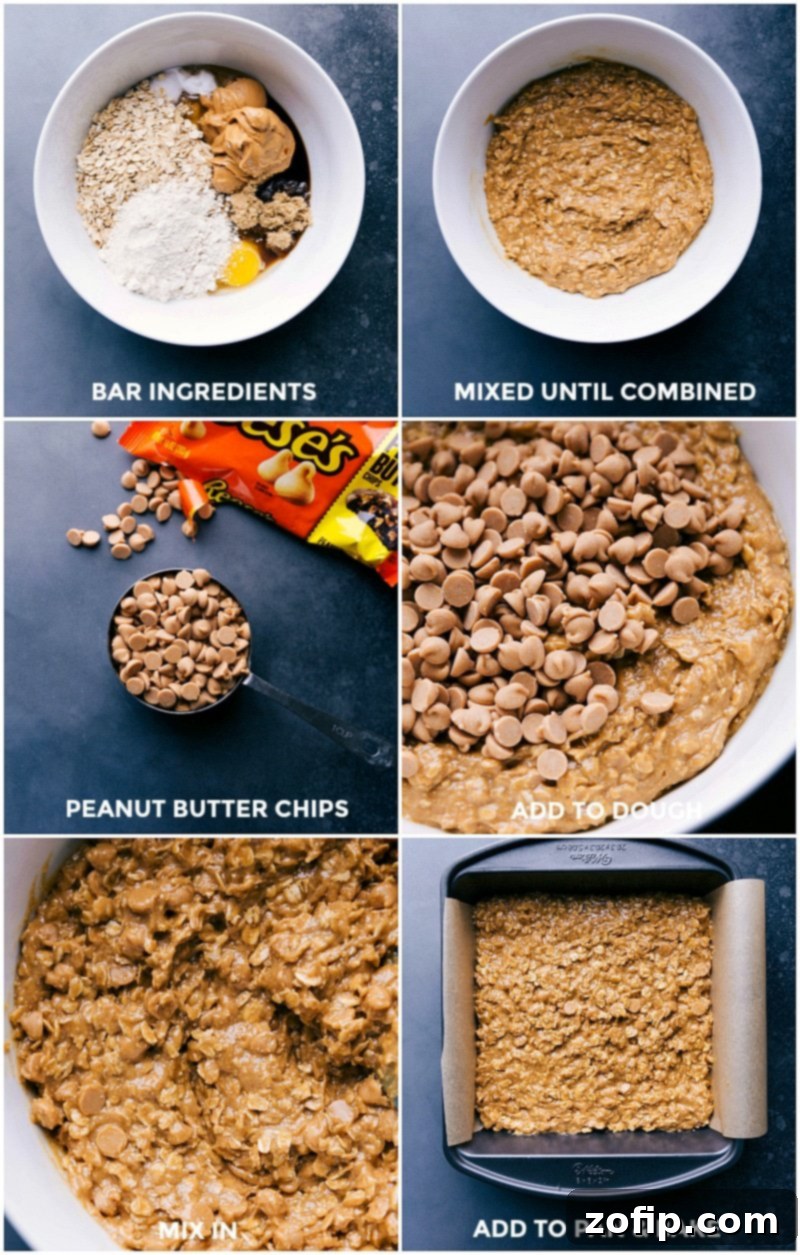 A visual guide showing the process of making oatmeal bars: mixing ingredients, adding peanut butter chips, pressing dough into a pan, and the finished baked bars.