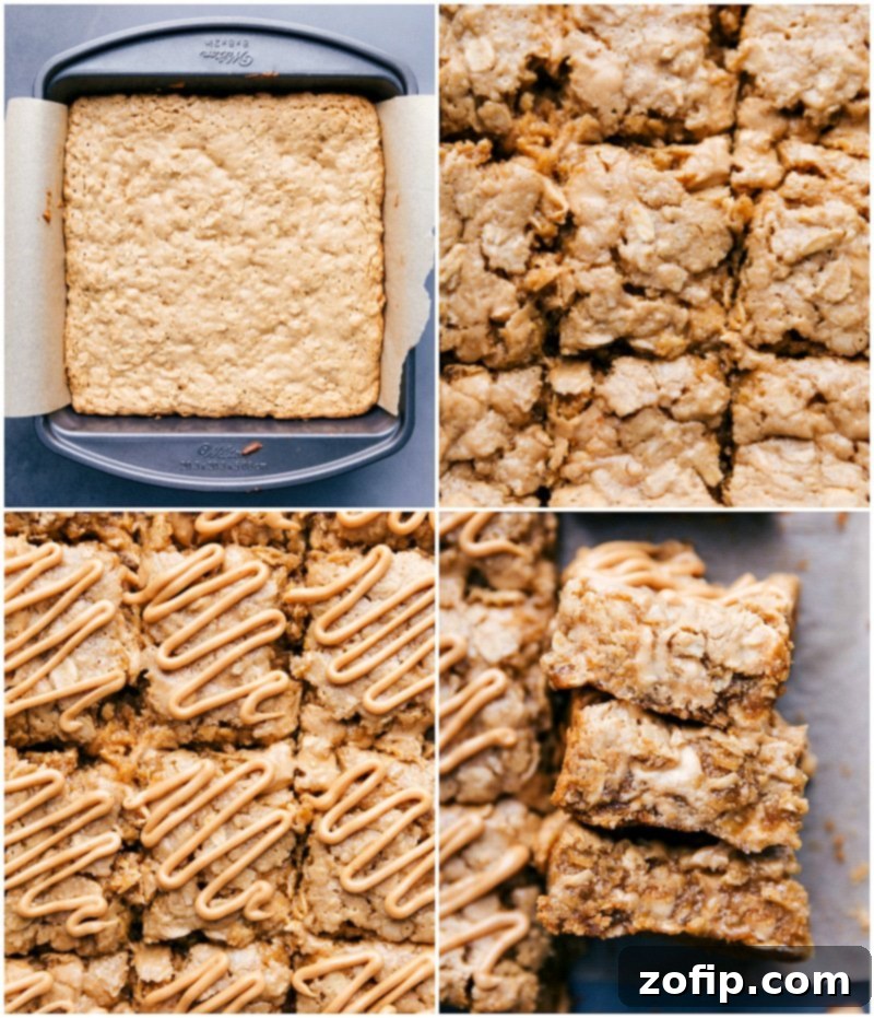 Close-up of baked oatmeal breakfast bars in a square pan, neatly cut into individual squares, with an appetizing peanut butter drizzle on top of each.