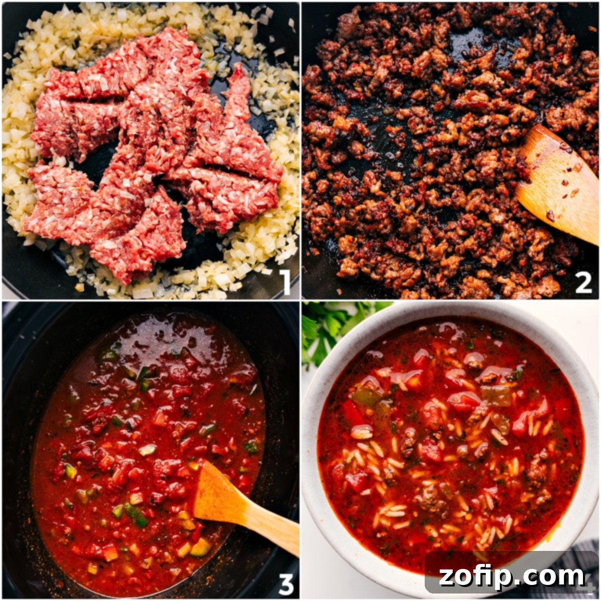 The process of making Crockpot Stuffed Pepper Soup: first, browning sausage and onions in a pot, then transferring all ingredients into a slow cooker.