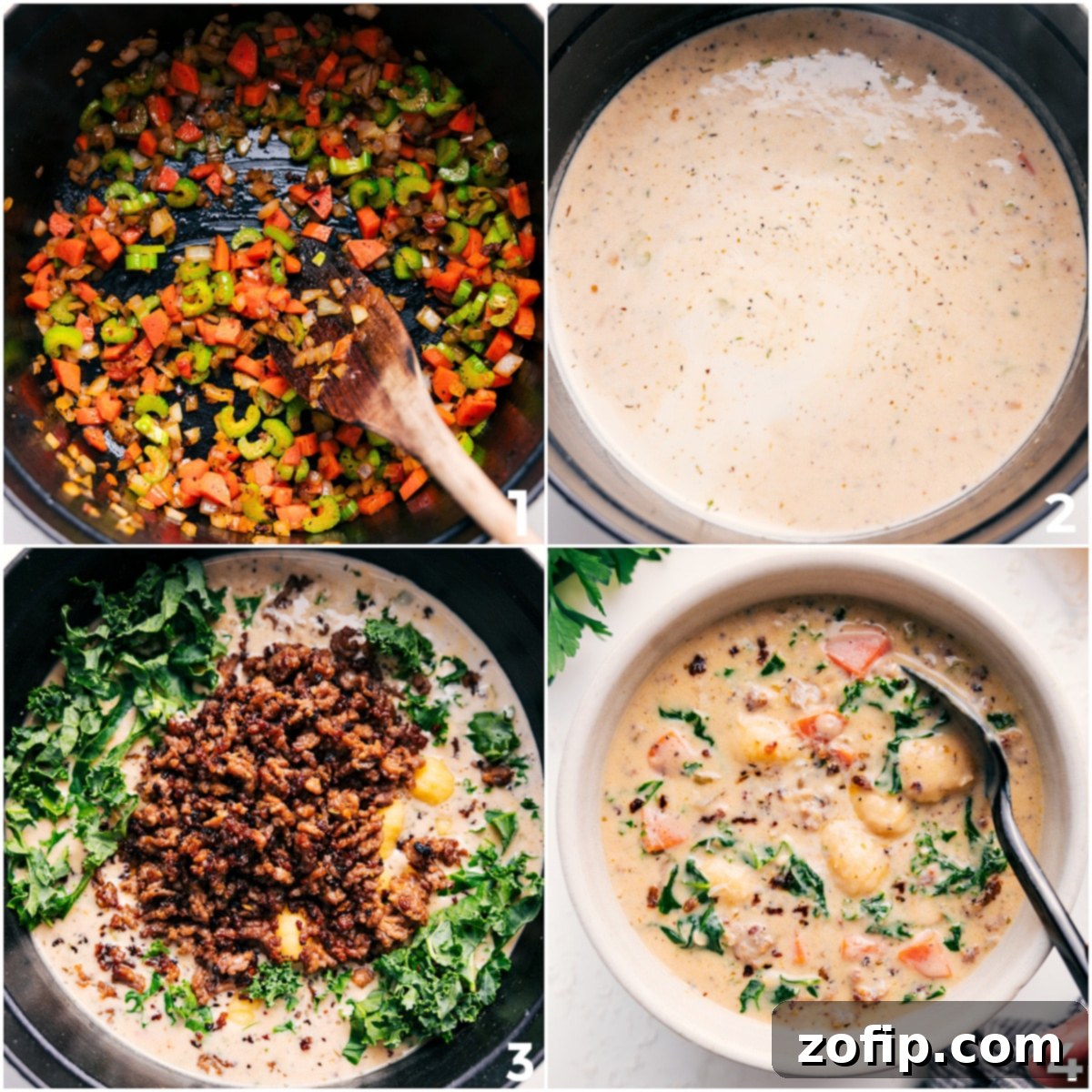 Step-by-step process photos for making creamy sausage gnocchi soup, showing browning sausage, sautéing mirepoix, simmering the creamy broth, and stirring in gnocchi and kale.