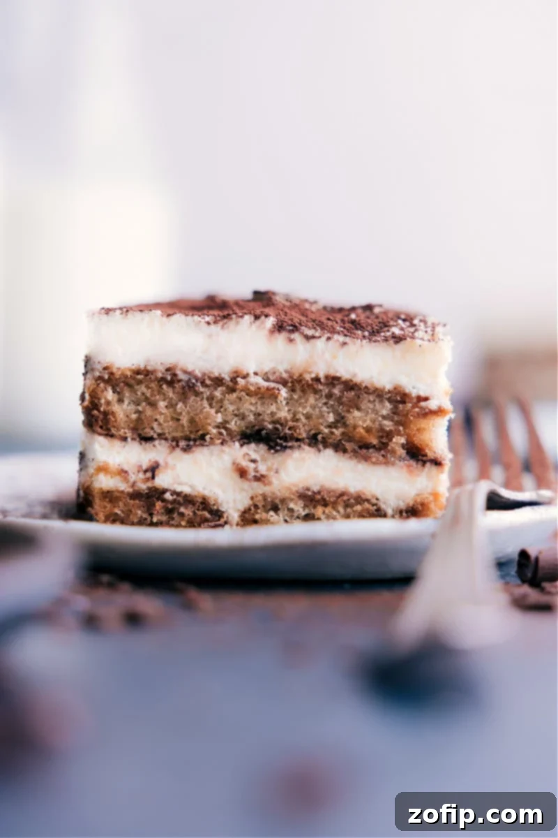 Authentic No Bake Tiramisu Recipe That Tastes Like It Came Straight From Italy A perfectly sliced piece of Tiramisu on a white plate, showcasing its distinct layers of coffee-soaked ladyfingers and creamy mascarpone, with a generous dusting of cocoa.