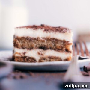 Classic Italian Tiramisu 3 A top-down view of a completed Tiramisu dessert, showcasing its coffee-soaked layers and creamy top, dusted with cocoa powder.