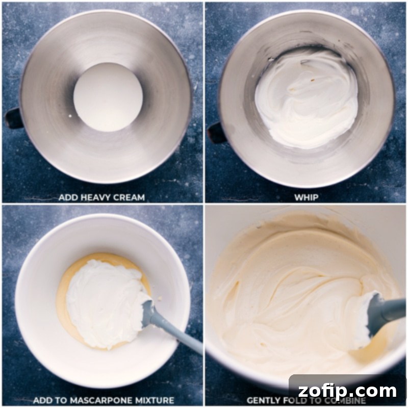 Adding Whipped Cream To The Cream Layer The process of incorporating whipped heavy cream into the mascarpone mixture, demonstrating how to fold for a light and airy Tiramisu cream.