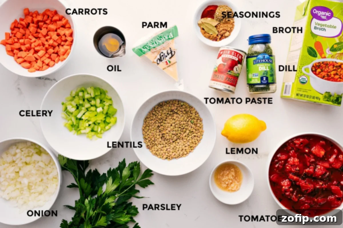 Ingredients In Mediterranean Lentil Soup A vibrant display of all fresh ingredients laid out, including carrots, celery, onion, lentils, parsley, garlic, tomatoes, lemon, various seasonings, tomato paste, and dill, prepared for making Mediterranean Lentil Soup.