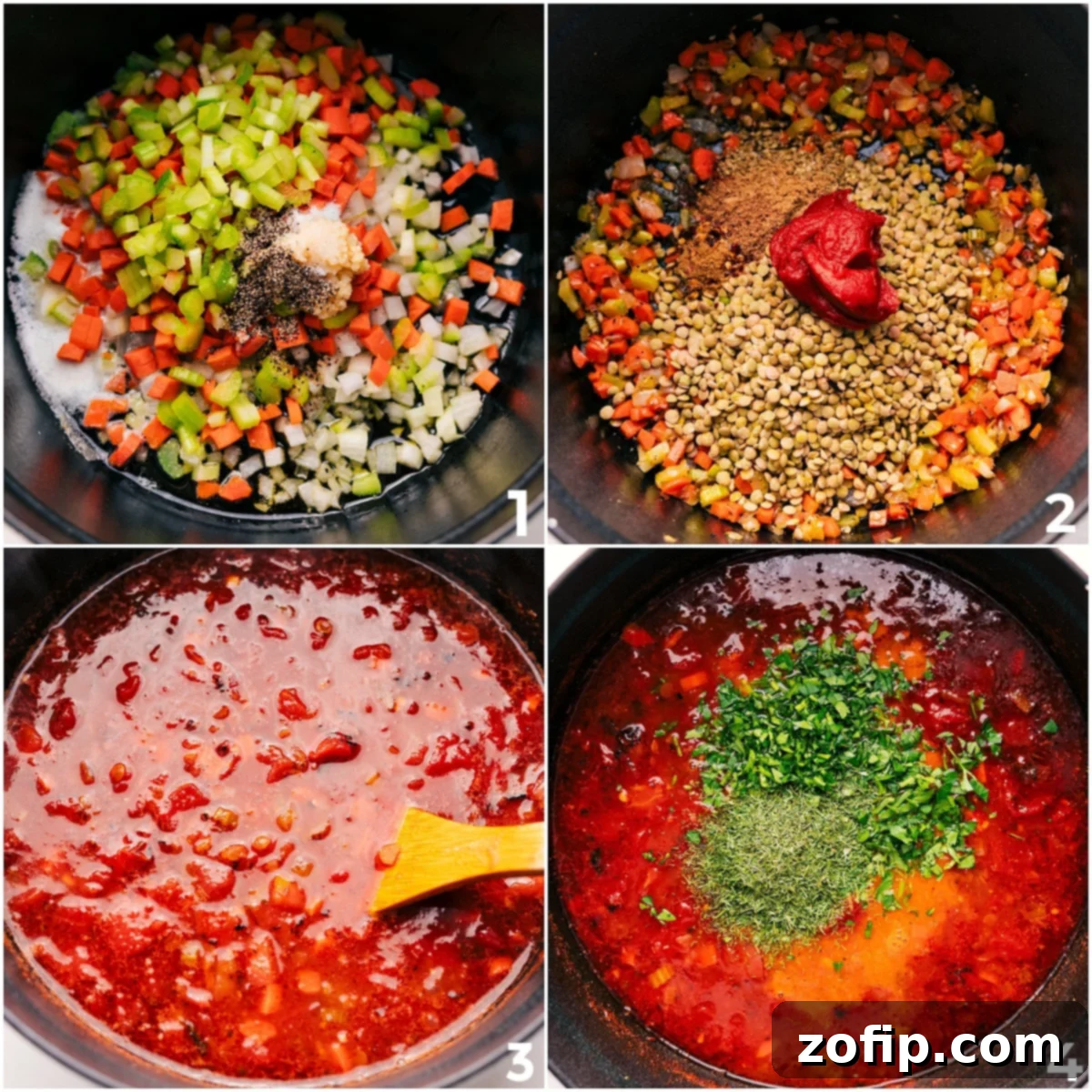 How To Make Mediterranean Lentil Soup The cooking process for Mediterranean lentil soup, showing vegetables being sautéed in a pot, followed by the addition of lentils and other ingredients to simmer and develop rich flavors.