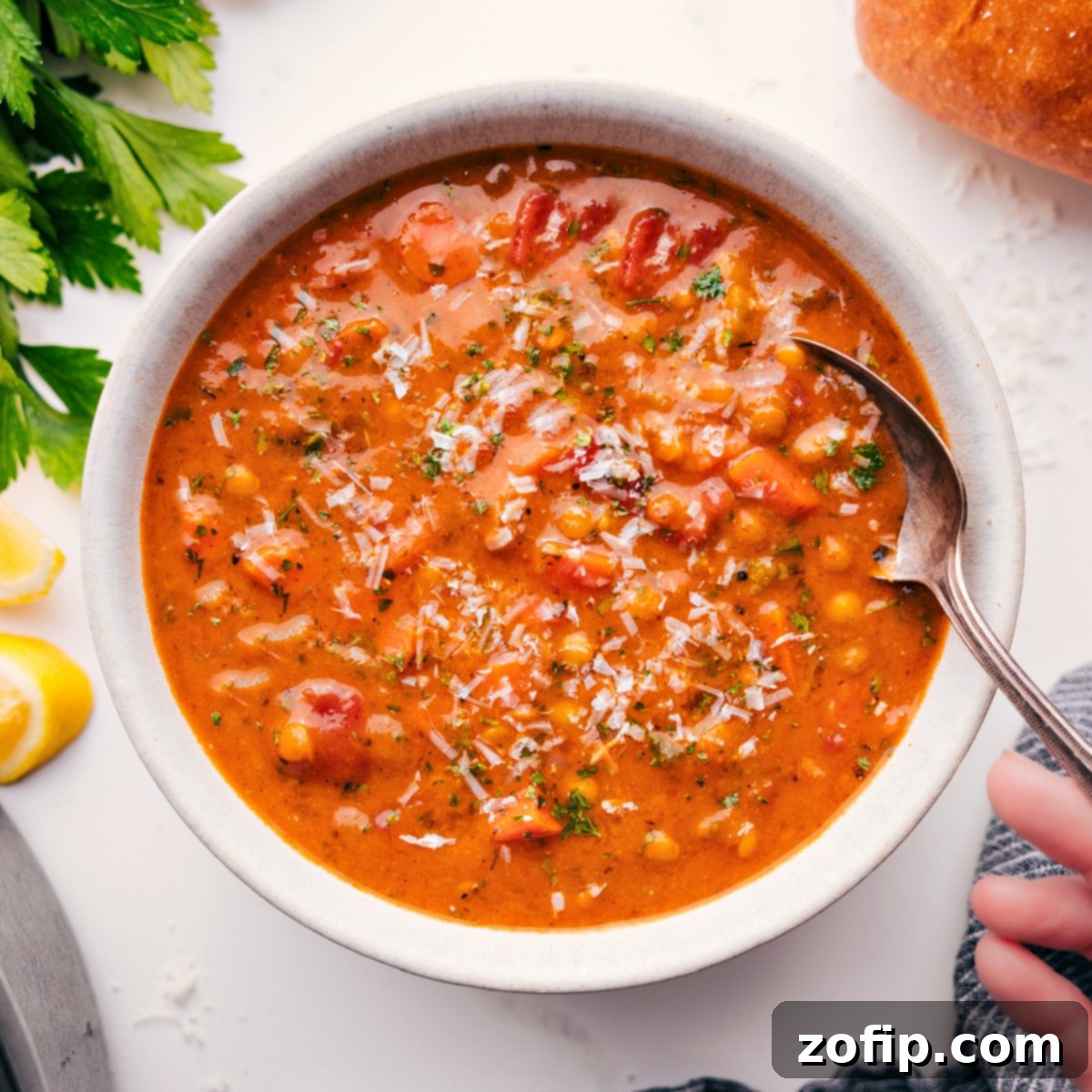 A Flavor Packed Lentil Soup That's Perfect For A Weeknight Dinner A beautifully plated bowl of Mediterranean Lentil Soup, garnished with fresh Parmesan cheese and herbs, ready to be savored as a perfect weeknight dinner.