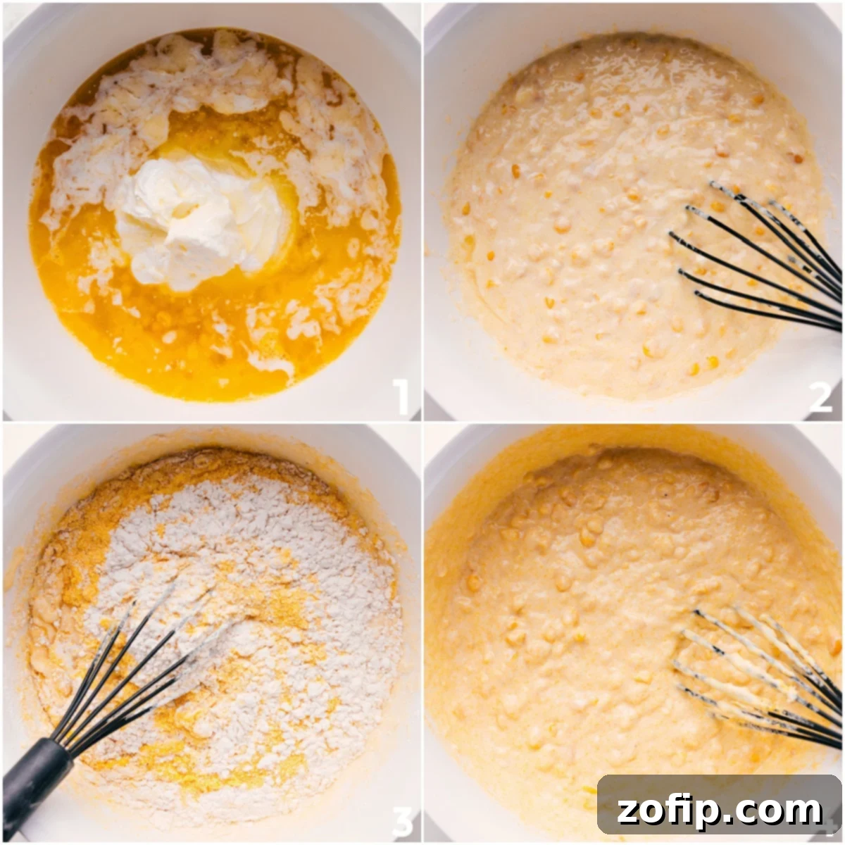 All the ingredients combined in a bowl for this corn pudding casserole and it all whisked together in a bowl to pour into the casserole dish and bake.