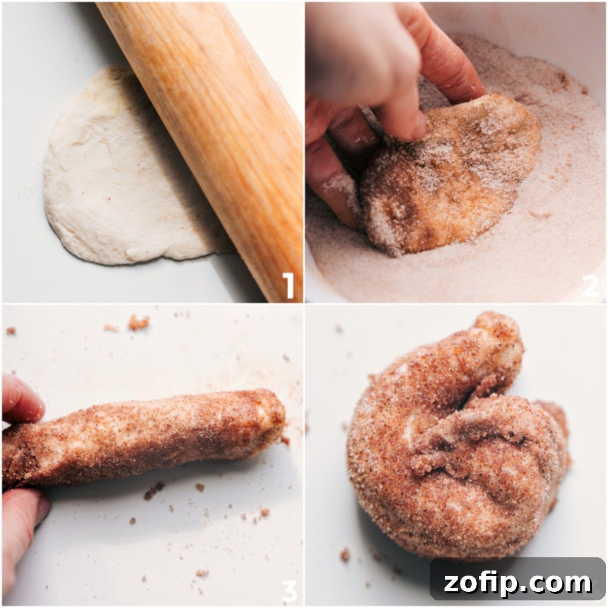 Buttermilk biscuits are flattened, dipped in melted butter, coated in cinnamon sugar, and rolled into mini cinnamon rolls before being arranged in a pan to create a Cinnamon Roll Cake.