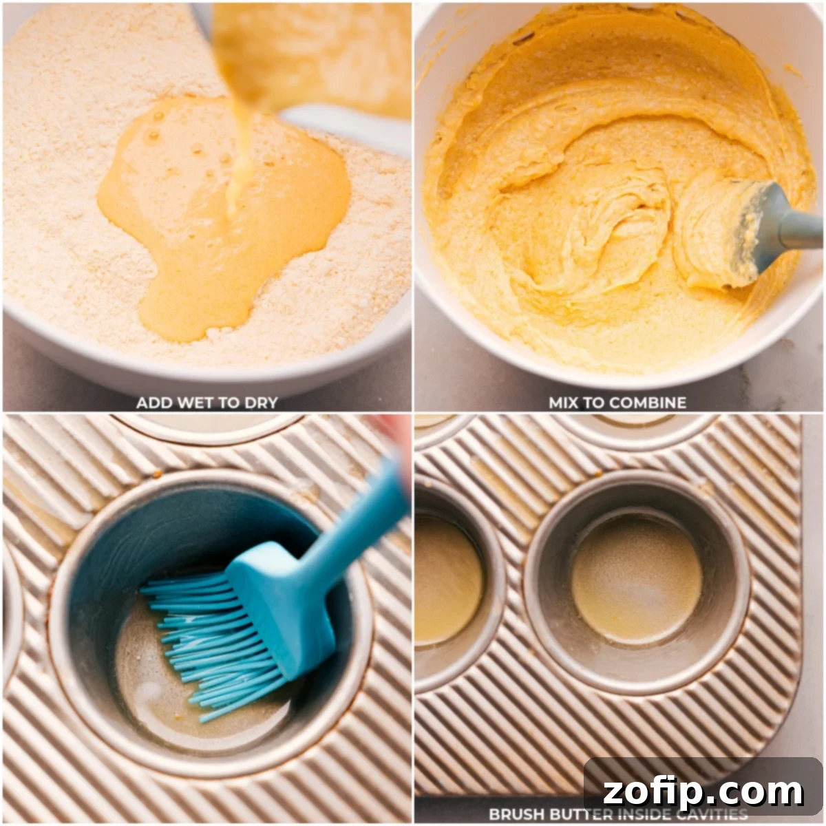 Mixing wet and dry ingredients together, and brushing a muffin tin with butter using a pastry brush, in preparation for baking delicious cornbread muffins.
