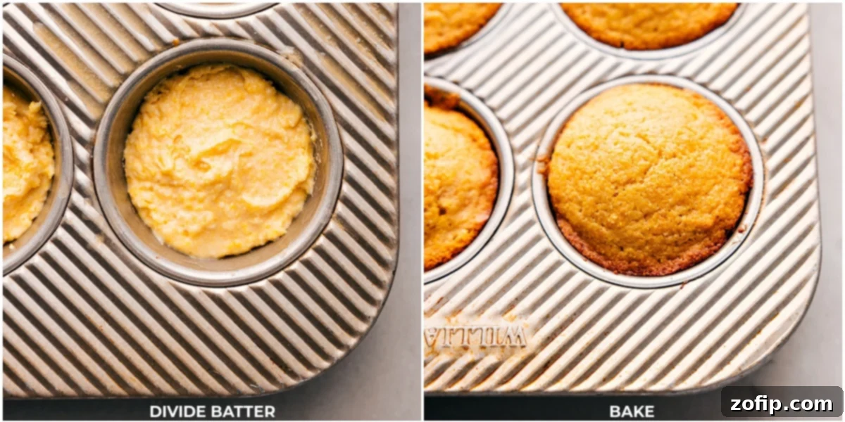 Filling a tin with cornbread muffin batter and baking until the tops achieve a golden, crisp texture, showcasing the perfect rise.