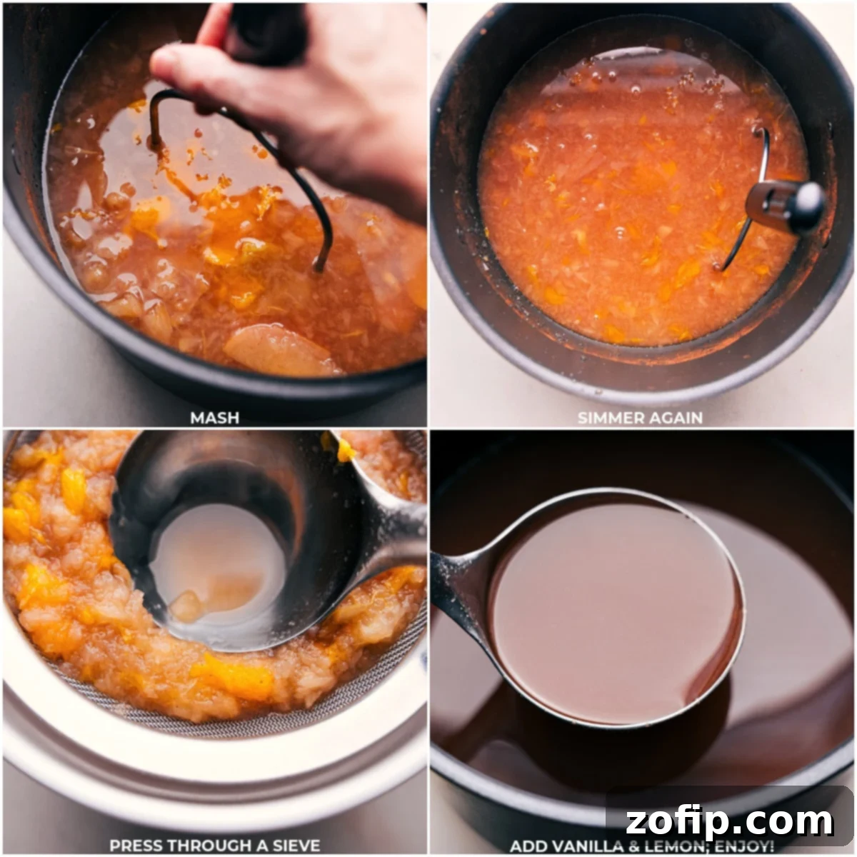 The rich, amber liquid of hot apple cider being strained through a fine-mesh sieve into a bowl after simmering, ensuring a smooth and clear beverage.