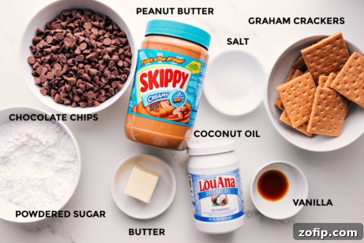 All the ingredients in this recipe prepped out for easy assembly including the chocolate chips, powdered sugar, butter, peanut butter, coconut oil, salt, vanilla, and graham crackers.