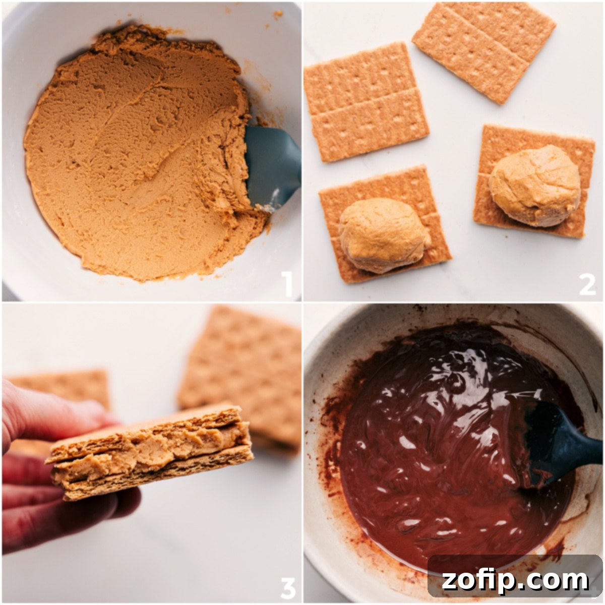 The peanut butter filling being mixed together and then spread between two graham crackers and it all being dipped in chocolate for these buckeye graham crackers.