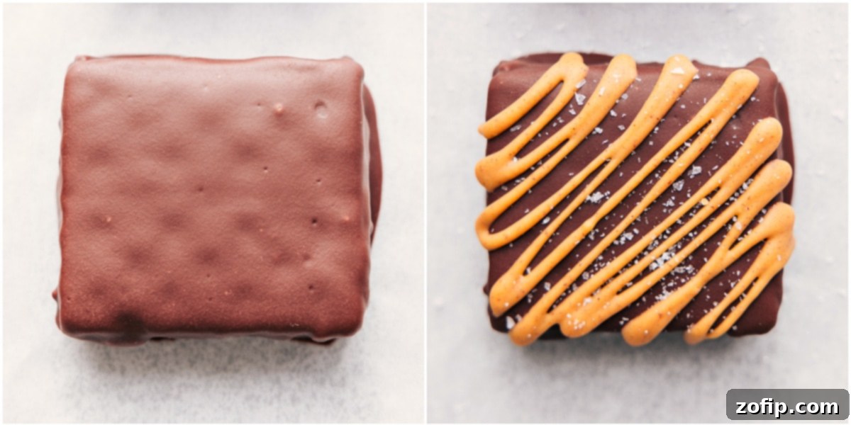 The treat dipped in chocolate and then drizzled with peanut butter on top and flaky sea salt for a delicious sweet and salty treat.