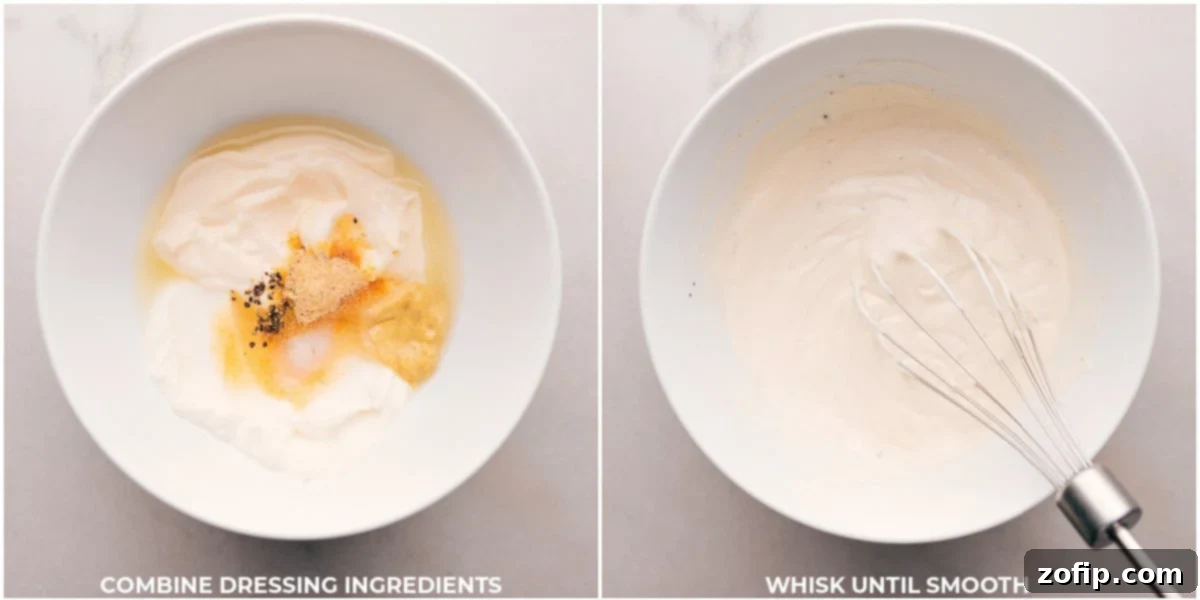 The process of combining all the dressing ingredients in a clean bowl, being whisked until they achieve a perfectly creamy and smooth consistency.