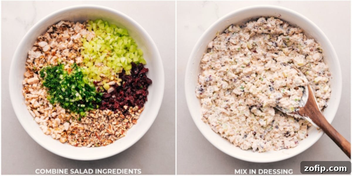 All the finely diced ingredients for the Turkey Salad recipe being mixed together in a large bowl, ensuring everything is thoroughly combined for a perfect blend of flavors and textures.